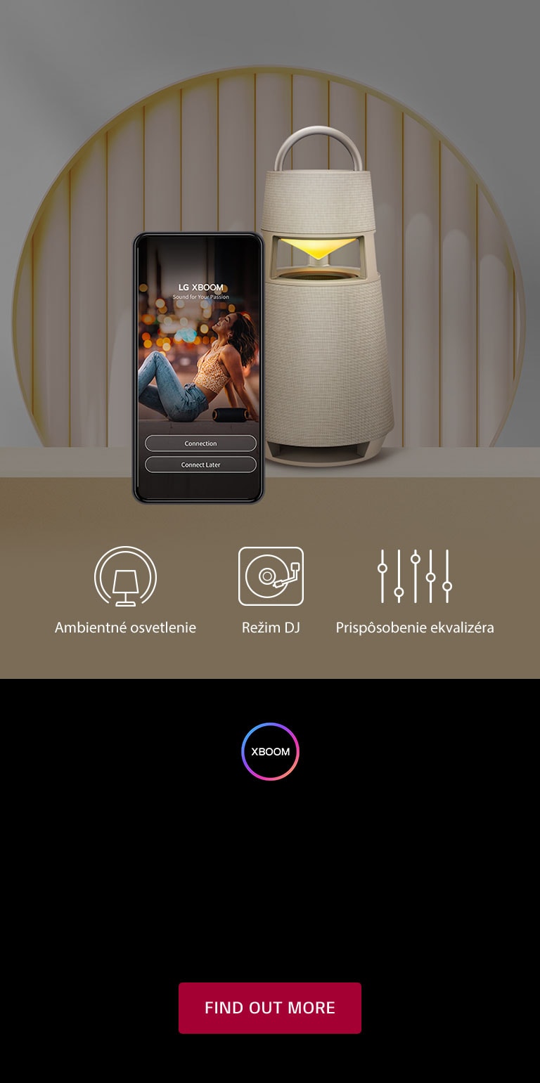 Mobilný telefón s obrazovkou aplikácie XBOOM a produkt XBOOM 360 na teplom pozadí.